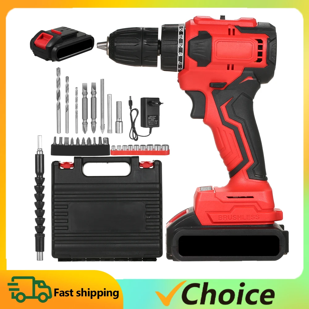 21V 80N.m Brushless Drill Set 3/8in Chuck Heavy Duty Power Screwdriver with Bits Sleeves 2-variable Speed 25+1 Torque Adjustment