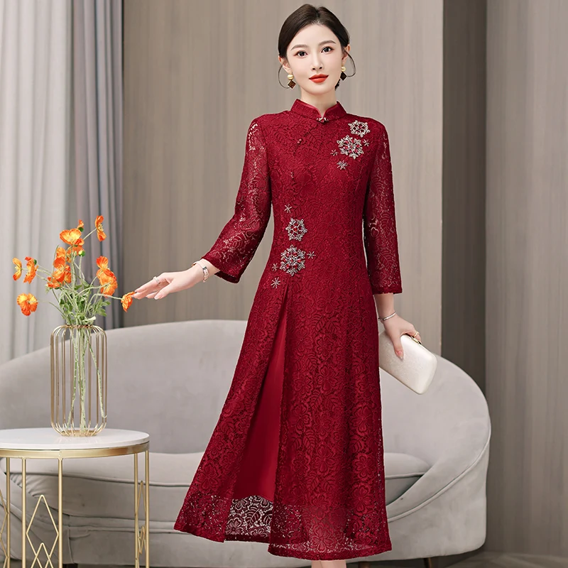 

Fall Wedding Momma Wedding Banquet Dress Happy Mother-In-Law Suit Slimming One-Piece Dresses Lace Satin Regular Sleeve Mid-Le...