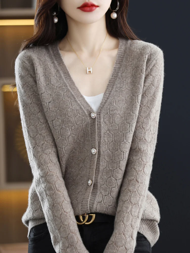 RONGYI 100% Pure Wool Sweater Autumn Winter New Hollow Women\'s Fashion Cardigan Round Neck Casual Knitted Sweater Coat Top