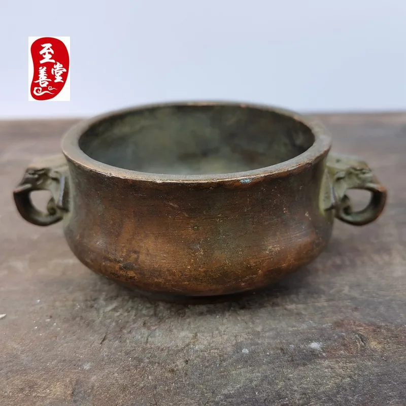 Antique aged alloy copper living room decorative ornament Chen Qiaosheng elephant ear incense burner 11x7x4CM