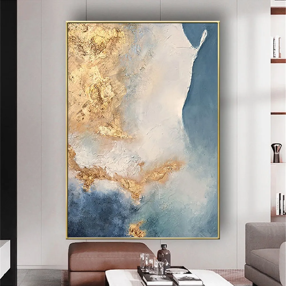 Famous Artist Freehand Texture Abstract Landscape Oil Painting On Canvas Picture Decor Living Room Home Blue Gold Wall Art Trim