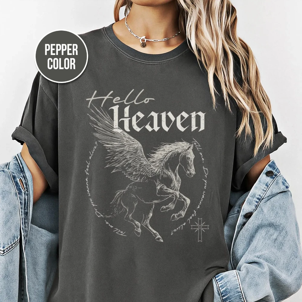 Hello Heaven Shirt Vintage Gothic Tee Comfort Unisex Garment-Dyed T-shirt Pegasus Shirt