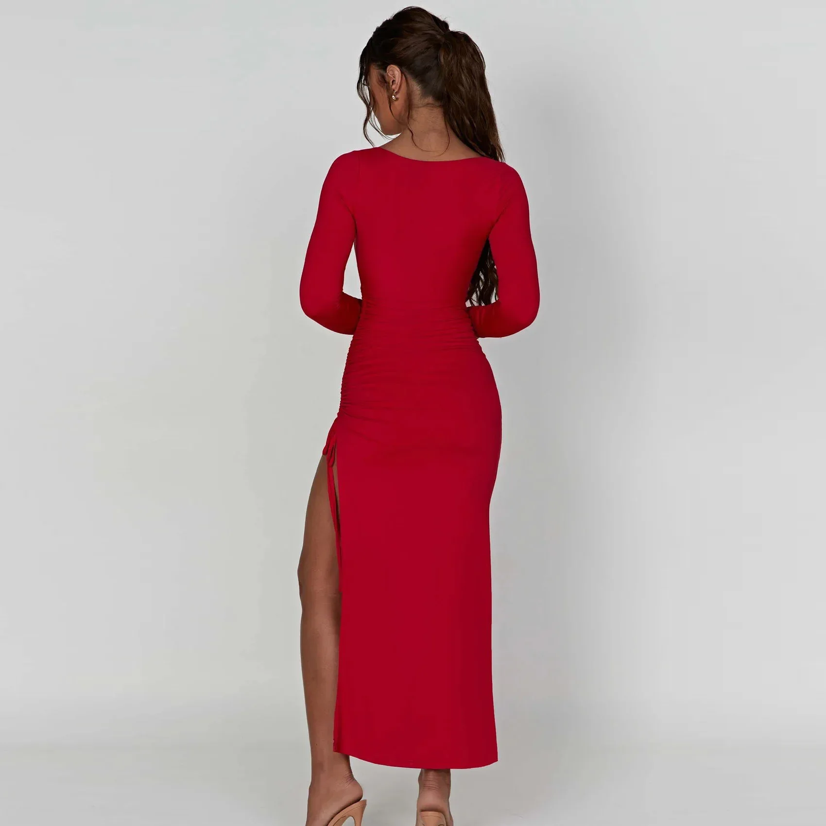 European and American Sexy High Waist Slit Elegant Long Skirt Fashion Slim Drawstring Long Sleeve Dress New Solid Womens Dresses