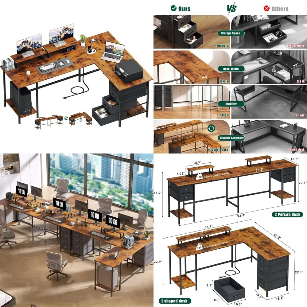 

Компьютерный стол L-образной формы с розетками, 66 г., стол для домашнего офиса с 4 регулируемыми ящиками для хранения и 2 подставками для монитора, большой, два P