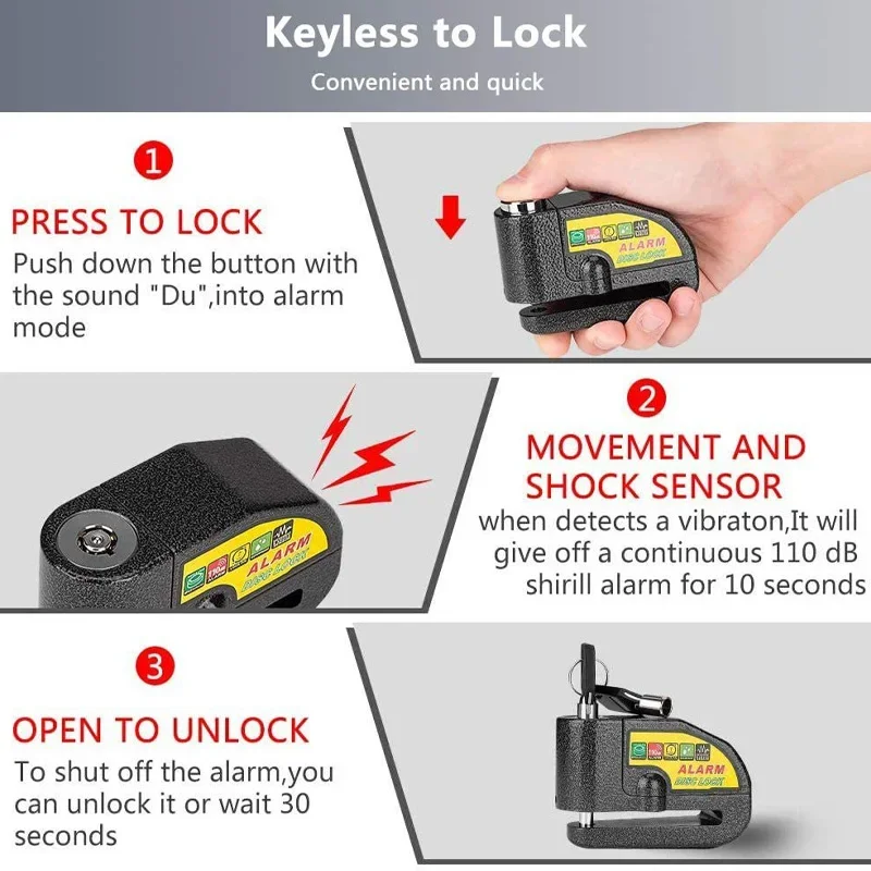 قفل صوت إنذار للدراجات النارية والدراجات ، قفل قرص الفرامل ، 110 ديسيبل ، مقاوم للماء ، الأمان ، قفل الدراجة ، إكسسوارات الدراجات النارية