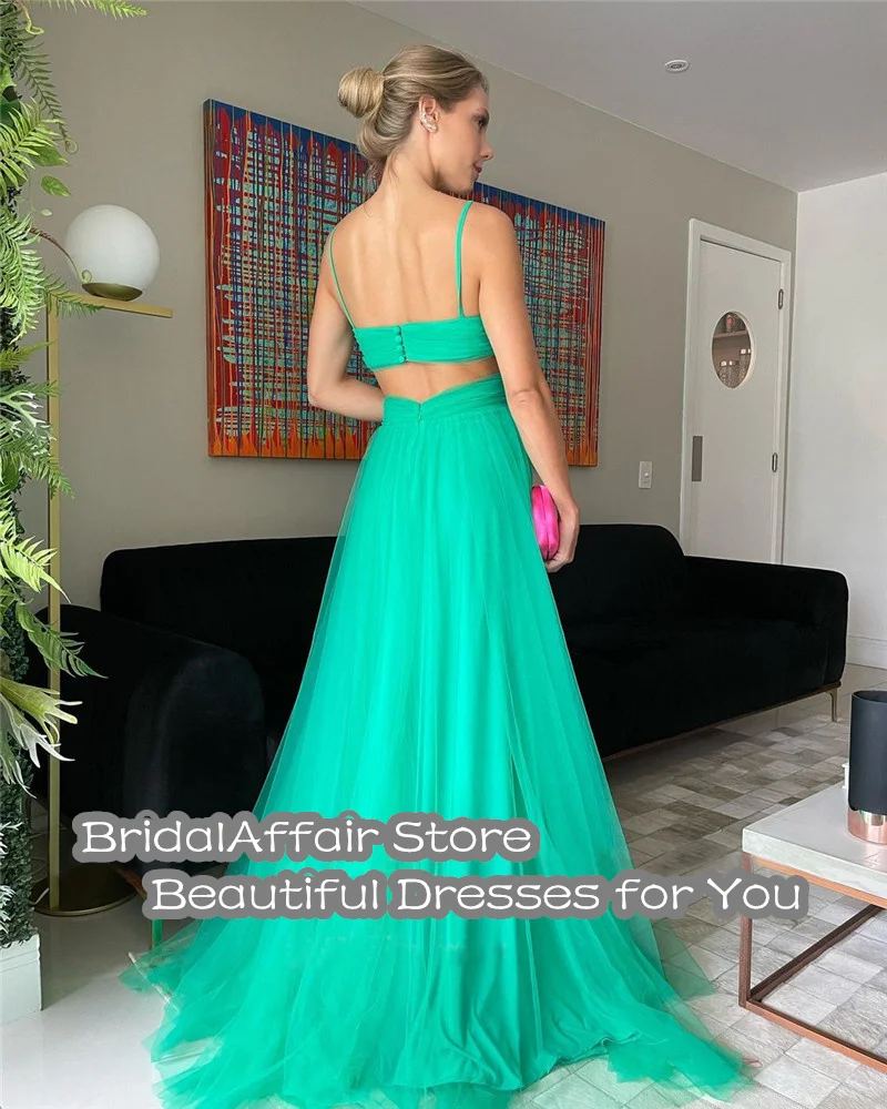 Bridalaffair uma linha verde tule longo vestidos de baile de formatura cintas de espaguete com decote em v fenda lateral das mulheres vestidos de noite sexy festa formal vestido