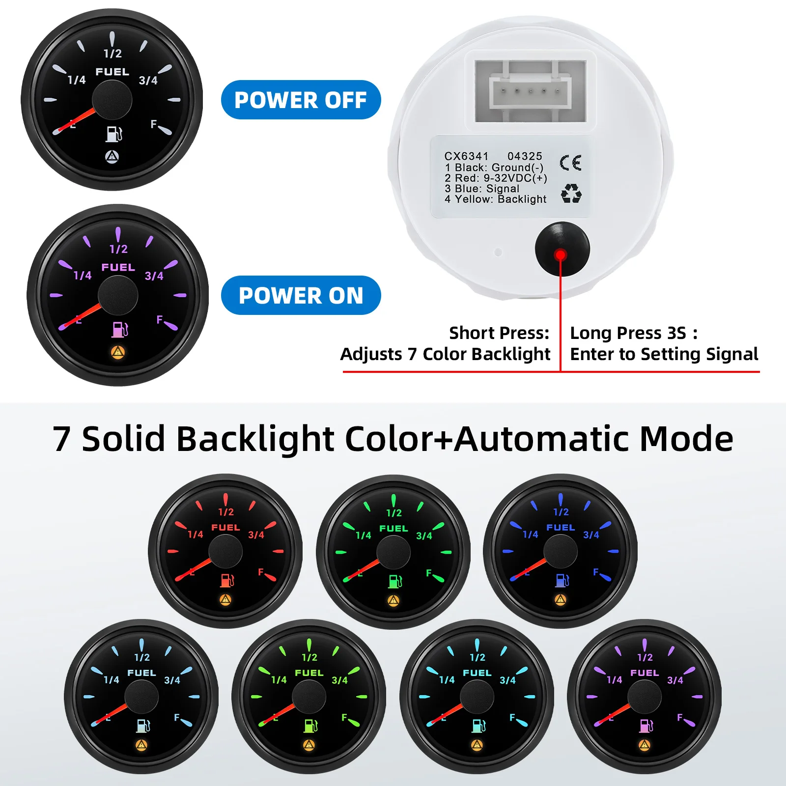52mm Tankanzeige mit Alarm 13% 7-Farben-Hintergrundbeleuchtung 240-33 Ohm 0-190 Ohm 10-180 Ohm 0-90 Ohm 240-30 Ohm Öltankmesser für Auto – Detail 3