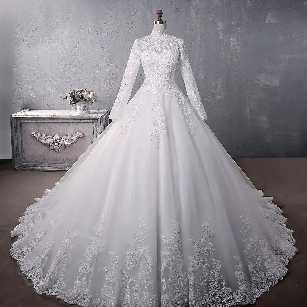 

Customized Wedding Dress High Neck Long Sleeves Princess Bridal Gown Lace Appliques Ivory Vestido De Novia