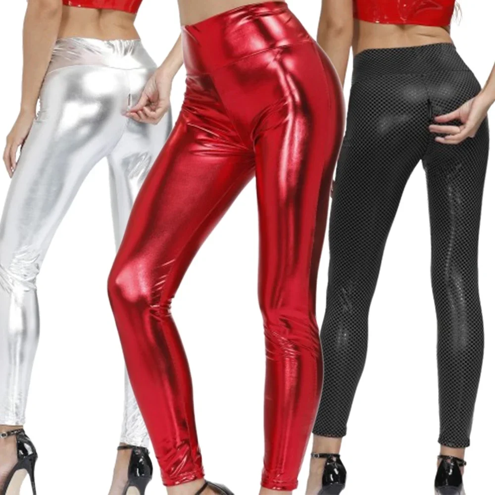 Pantaloni leggings skinny da donna in ecopelle che modellano i fianchi pantaloni lunghi push up collant sexy con cerniera aperta sul cavallo Leggings da palestra in pelle PU