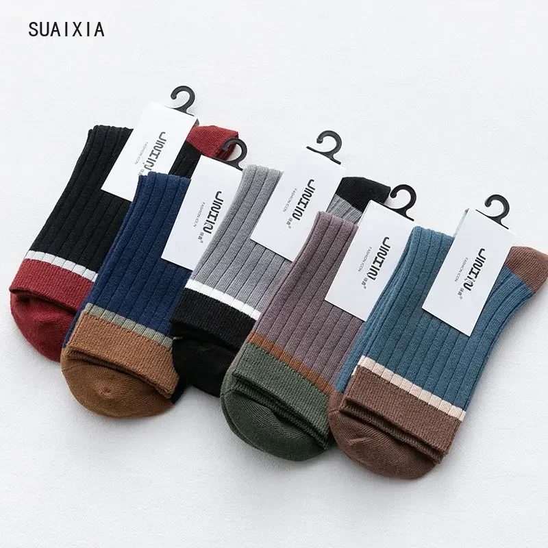 Double illac-Chaussettes de sport à manches mi-longues pour hommes, coton solide, décontracté, saison de printemps et d'automne, adulte