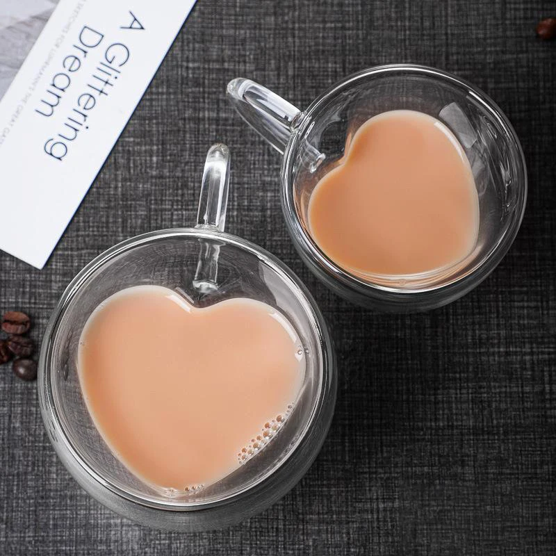 240ML Heart Love Shaped Glass Mug Couple Cups Double Wall Glass Cup Heat-Resisting Tea Beer Mugs Milk Coffee Cup Gift Drinkware