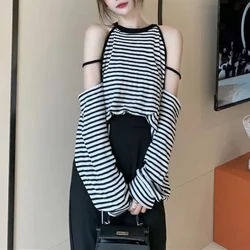Summer New Off Shoulder Hollow Out Striped Korean Loose T Shirts Long Sleeve Youth Sexy Tops High Street Fashion Women Clothing