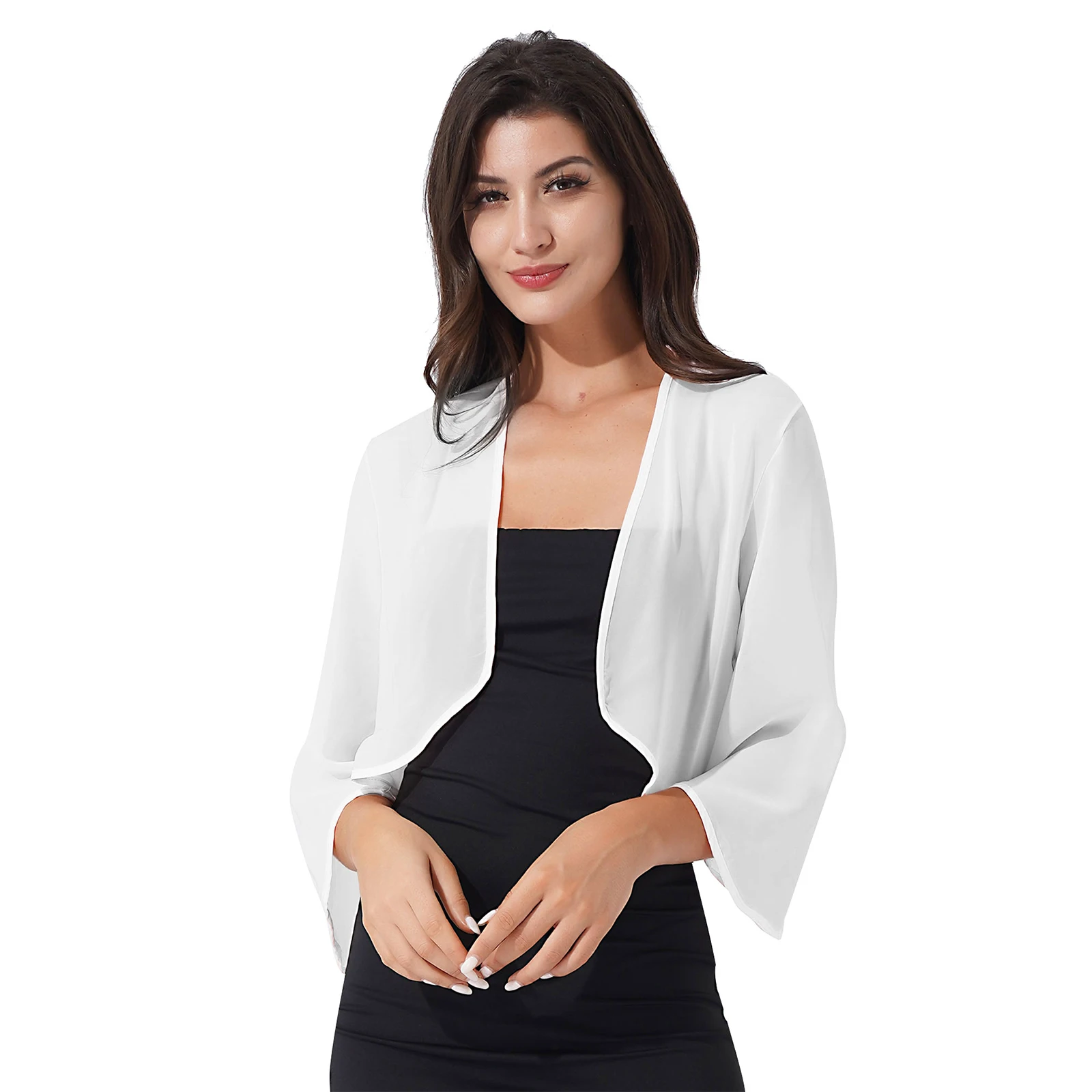 Mantelle in Chiffon da donna Cardigan Bolero Jacket 3/4 Flare Sleeve tinta unita Evening Wedding Party abito da sposa Cover Up Wraps scialle