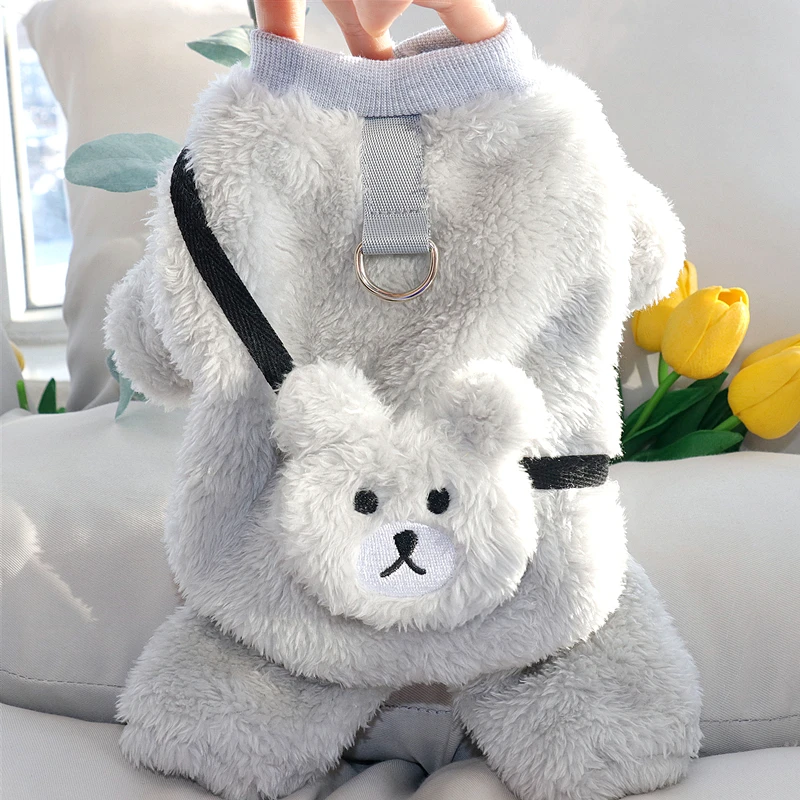 Pet Puppy Clothes Winter Traction Four Legs Fleece Clothing Outfit Bichon Warm Pullover Backpack Bear Dog Clothes