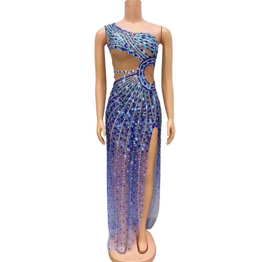 

Sexy Stage Flashing Blue Silver Rhinestones Birthday Celebrate Transparent See Through Dress Mesh Costume Photoshoot Outfit