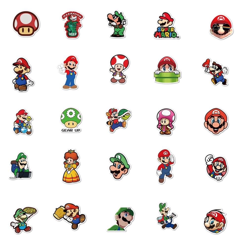 50pcs Anime Cartoon Stickers Super Mario Bros Skateboard Bicycle Guitar Book Laptop Motorcycle Waterproof Kids Sticker Pack Toy