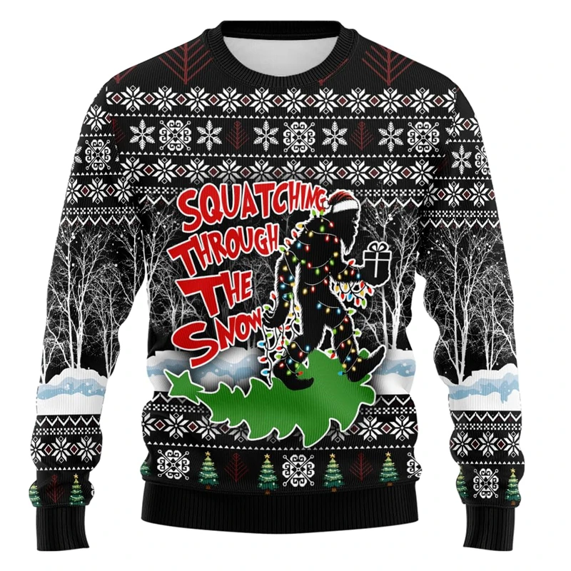 Merry Sasquatch Ugly Christmas Sweater Bigfoot Lover Holiday Crew Neck Mens Ugly Sweatshirt Casual Loose Pullovers Fashion Tops