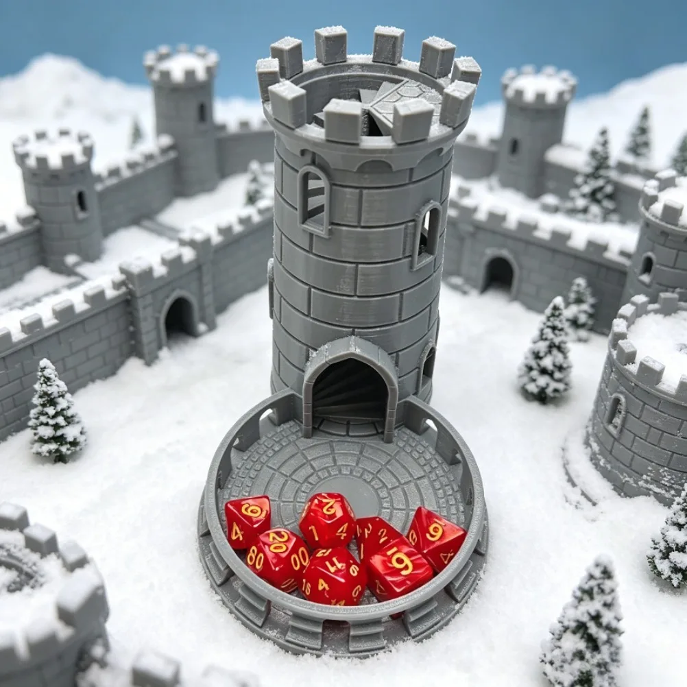 3D Printed Medieval Fort Castle Dice Tower Spiral Staircase Roller Tray for DND RPG MTG Tabletop Role‑Playing Game Accessory