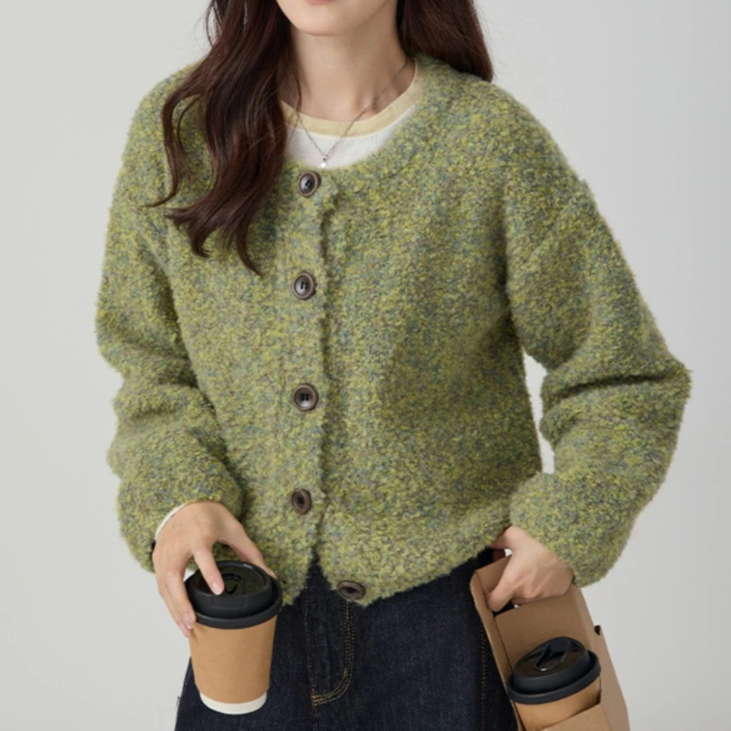 

Design Sense Autumn and Winter Loose Lazy Wind Round Neck Knit Short Sweater Cardigan Blouse Women's Coat