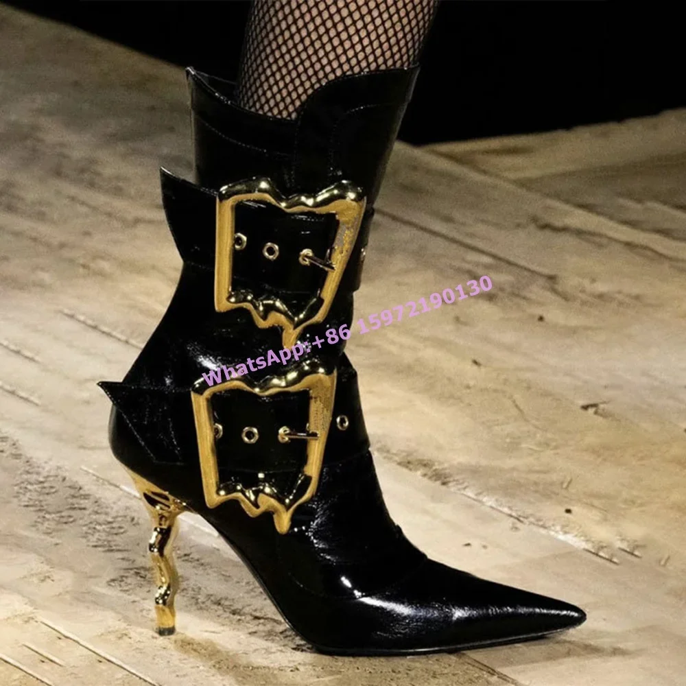 

Special-Shaped Buckle Boots Strange Style Heels Pointy Toe Side Zipper Women's Runway Boots Niche Black Solid Ankle Boots 2024