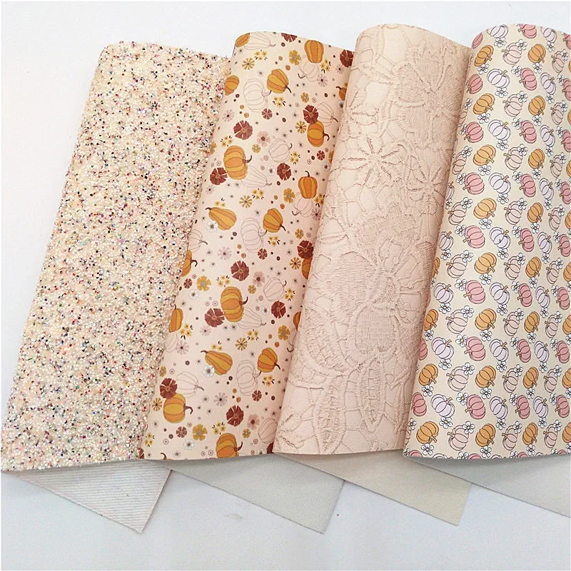 Cream Peals Glitter Leather Flowers Embossed Faux Leather Pumpkins Printed Synthetic Leather Fabric For Bow DIY 21x29CM Q1446