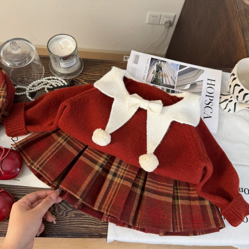 Korean Children's Clothing New Spring Autumn and Winter Girls' Wool Ball Bow New Year Sweater Red Checkered Skirt Two-piece Set
