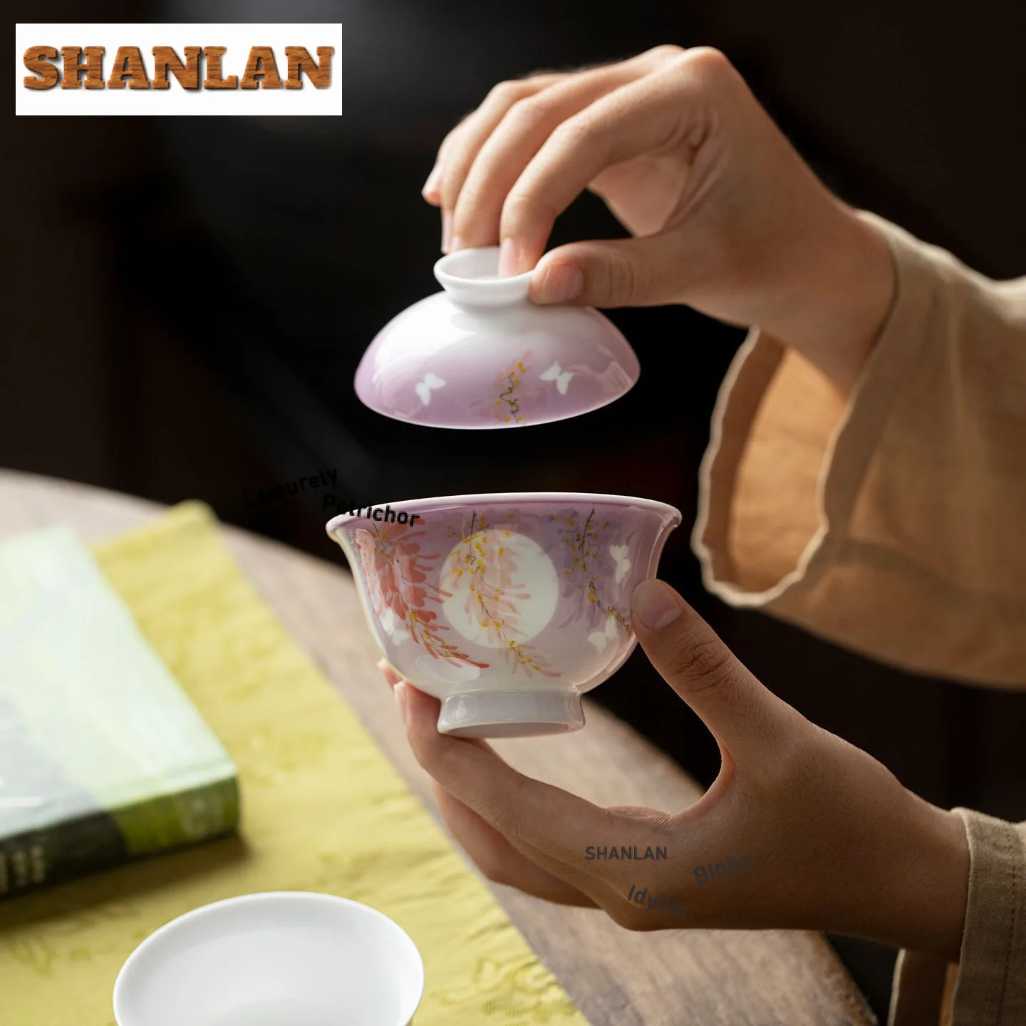 100ml Pure Hand-painted Moon Shadow Wisteria Gaiwan Creative Tea Tureen Tea Bowl With Lid Kit Tea Maker Cover Bowl Tea Items