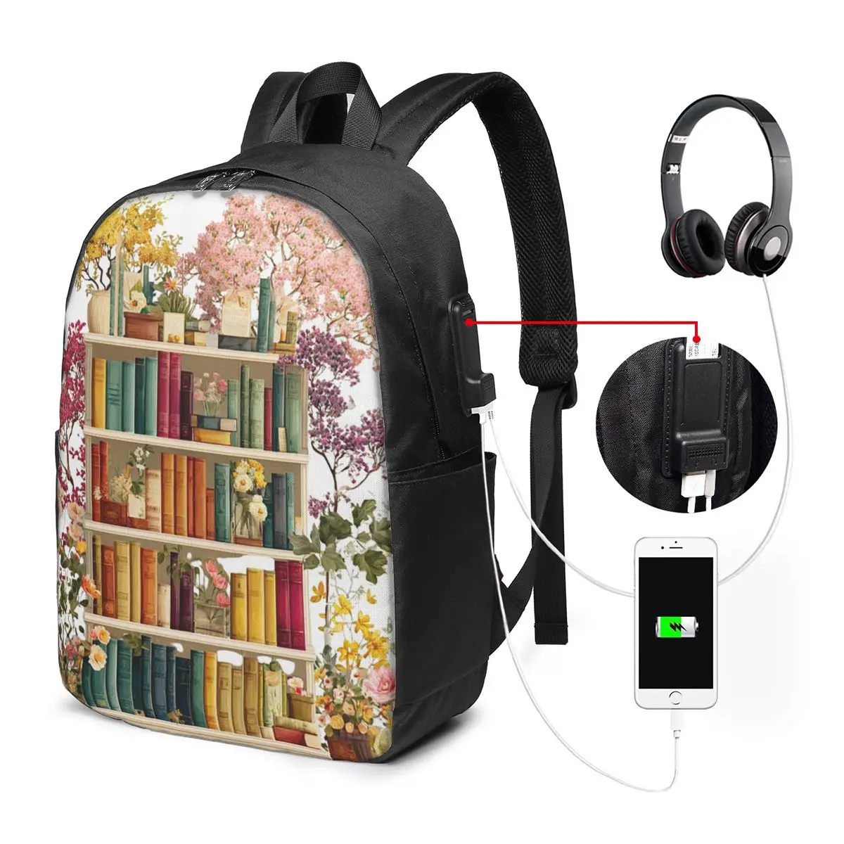Colorful Bookshelf And Flower Backpack Travel Notebook Bag Computer College Student School Bag Laptop Shoulder Bags Men Women