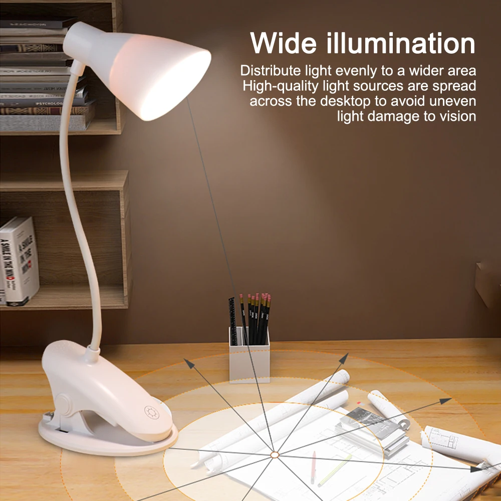 LED Desktop Clip Light USB Rechargeable Reading Light 3 Modes Stepless Dimming Flexible Study Lamp Touch Control Clamp Desk Lamp