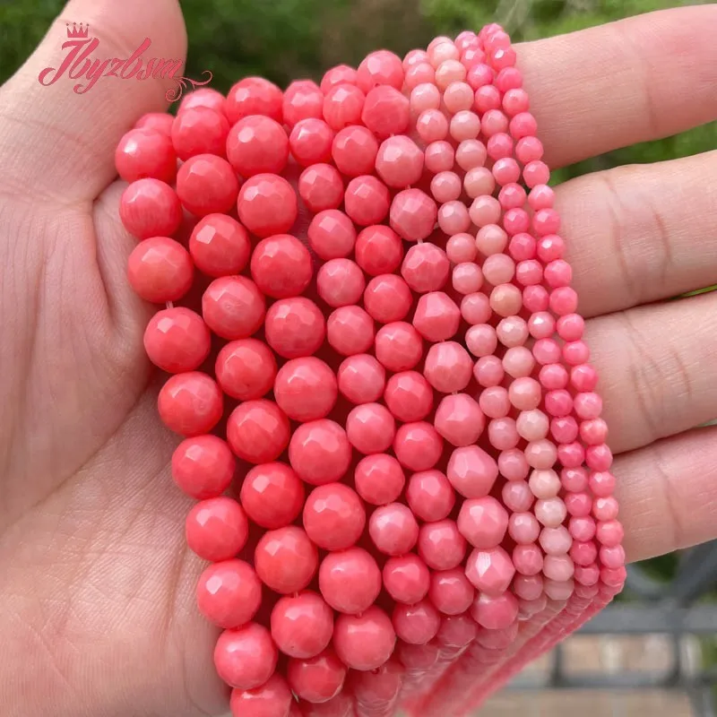 3/4/6/8mm Natural Pink Coral Faceted Round Loose Stone Beads For DIY Necklace Bracelets Jewelry Making Strand 15\