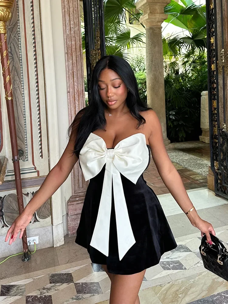 Black White Bow A-line Mini Strapless Short Dress Women Fashion Backless High Waist Chic Gown High Street Evening Party Vestidos