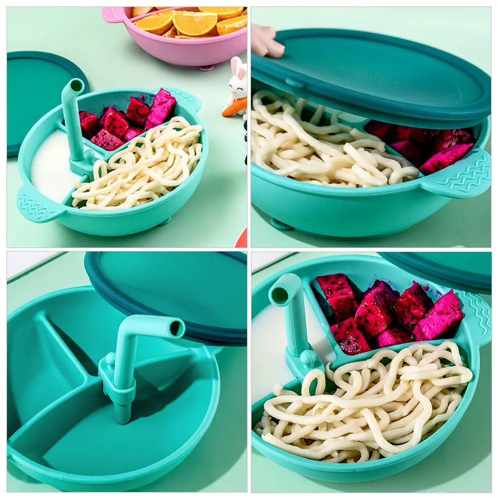 

Split Type Baby Bowl Unbreakable Feeding Silica Gel Kids Eating Training Dual H Straw Multi Sucker Non Slip