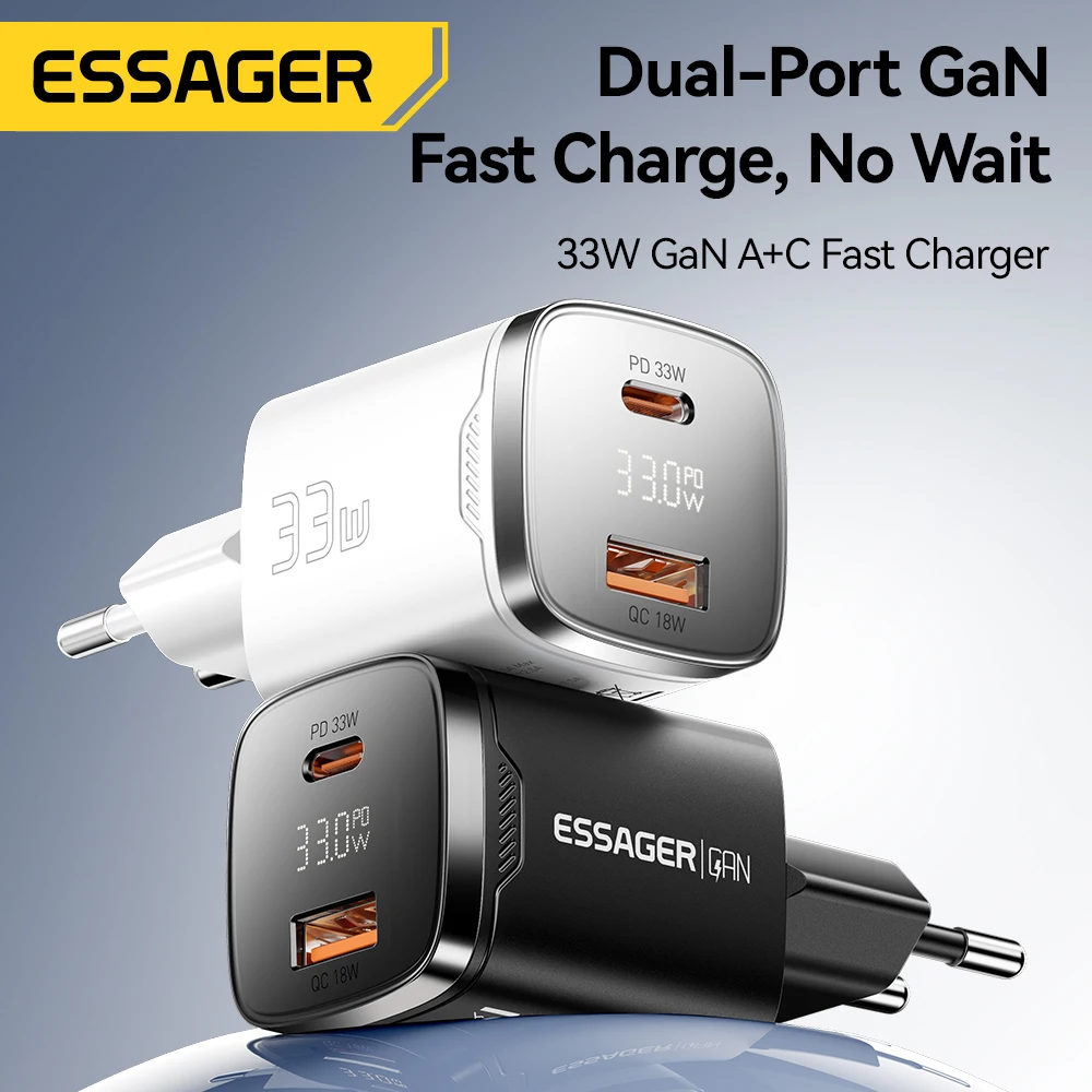 Essager 33W GaN Digital Display PD Fast Charging USB C For iPhone 16 15 Max Pro iPad Xiaomi Poco Samsung Portable Travel Charger