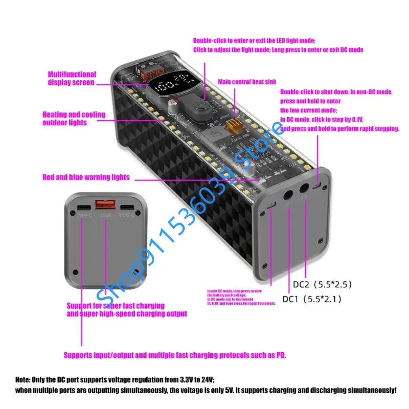 Transparent Shell 8*21700 Batteries Case PD100W Fast Charging Type C USB Port Battery Storage Box with DC5.5Mm Port