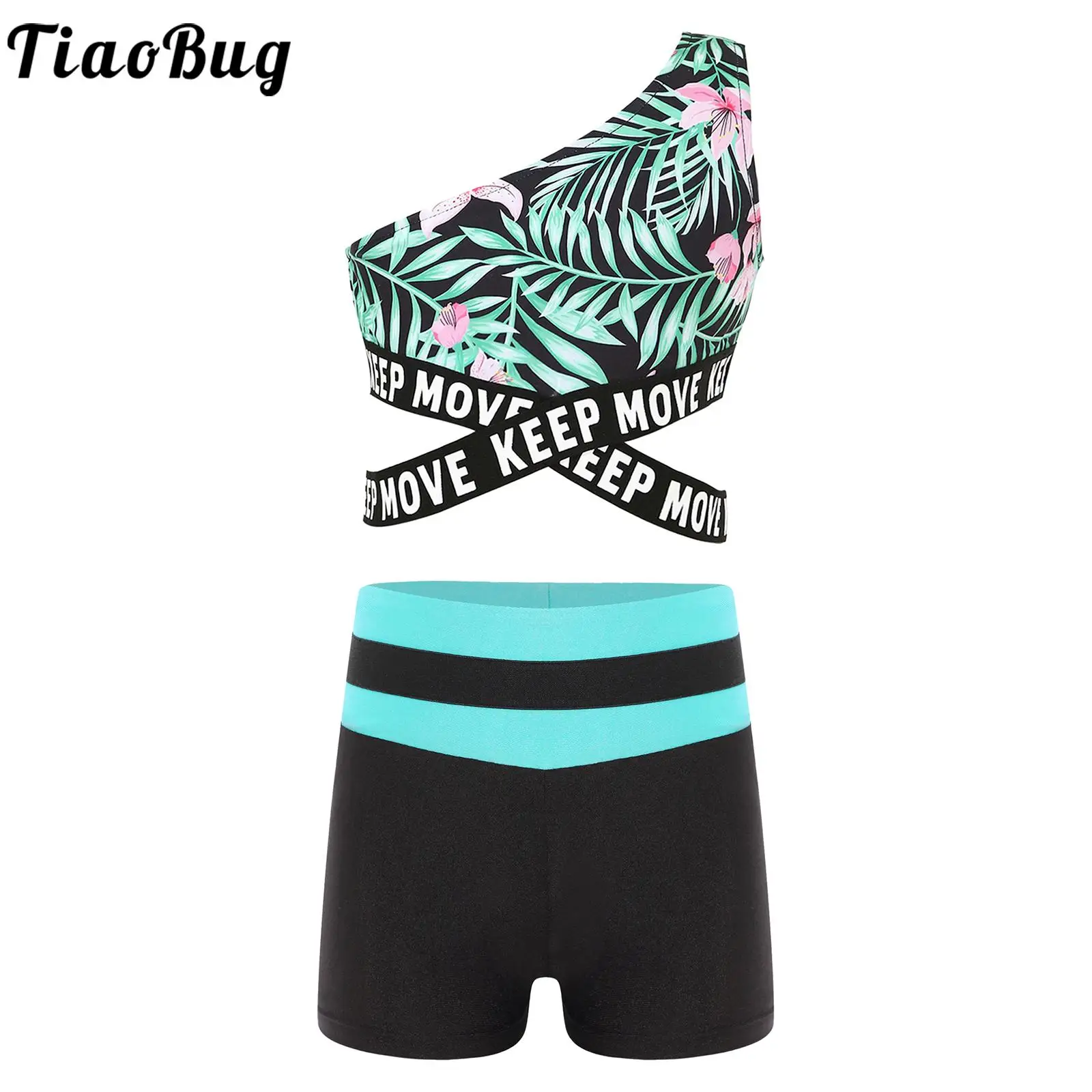 2pcs Summer Kids Girls Single Shoulder Printed Criss Cross Waistline Crop Top with Shorts for Sports Workout Running Swimming