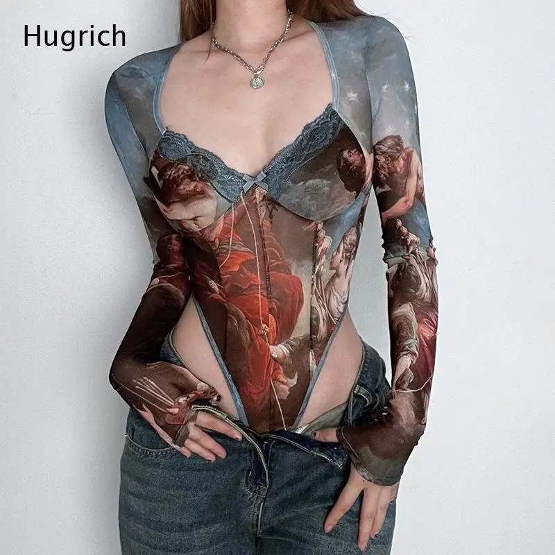 Vintage Oil Painting Print Mesh Bodysuit Women Long Sleeve Square Neck Lace Trim See Through Slim Fit Y2K Gothic Jumpsuit