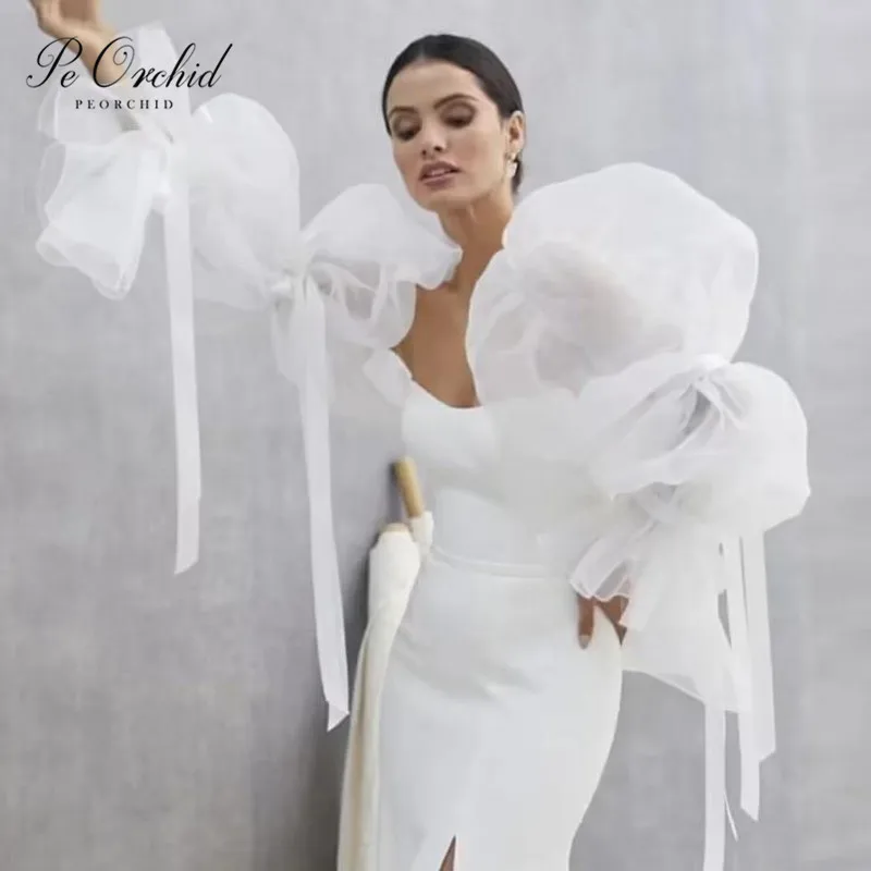 

PEORCHID Detached Sheer Organza & Ribbon Gathered Full Sleeves Seperated Bridal Sleeves removable Women Wedding Accessories