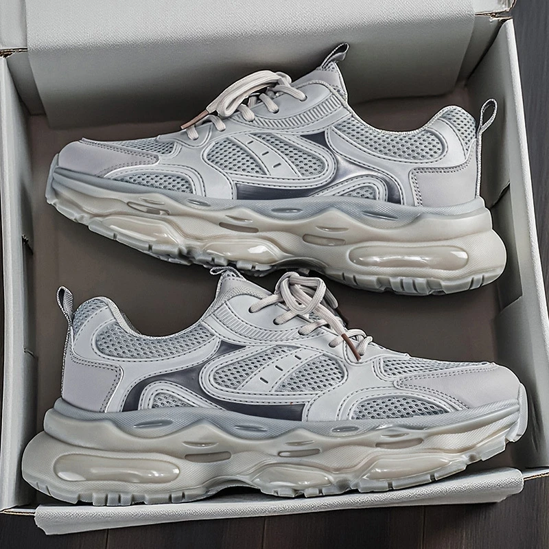 Summer Hollow Mesh Sneakers For Men Cream Glossy Thick Sole All Mat Teen Outdoor Walking Training Footwear