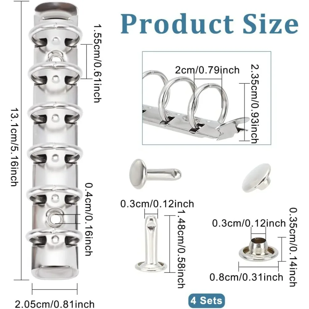 4 Pcs 6 Holes A7 Ring Binder Mechanism Replacement Kit with Screws Stainless Steel Colour Metal Loose-Leaf Binder Mechanism kits