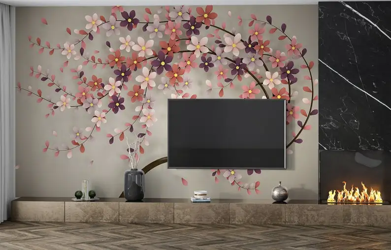 3D Look Effect Floral Living Room Wallpaper, Blossom Tree Removable Bedroom Wall Mural, Floral Wallpaper, 3D Flowers Mural, Peel