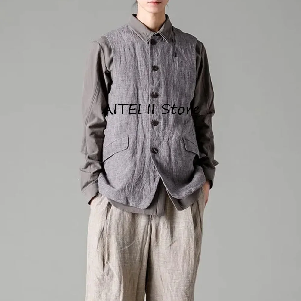 

Жилеты для мужчин, легкий и повседневный костюм, жилет с круглым воротником, однобортный, с двумя карманами, лучший мужской льняной жилет, рабочая одежда