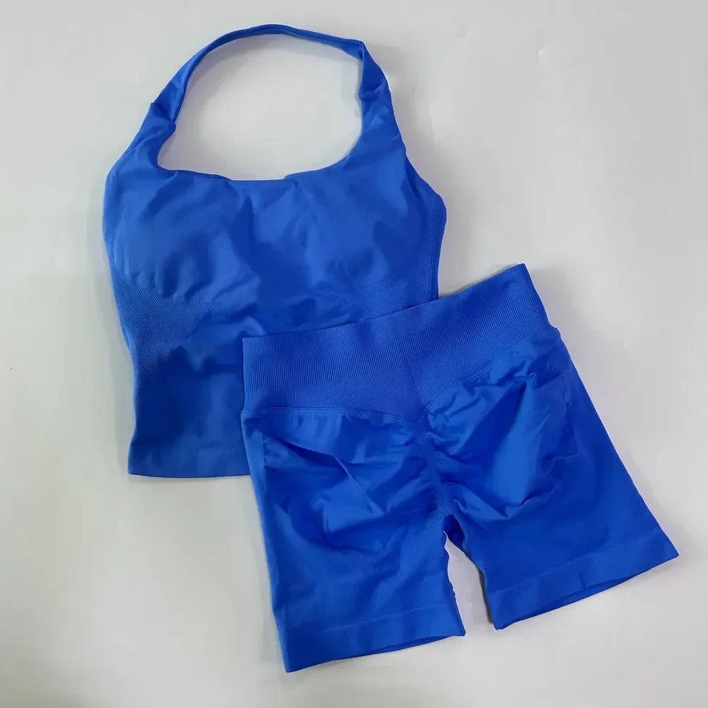 Sportset voor dames zonder logo, 2-delig: topje zonder rug en high waist scrunch seamless shorts. Sportpak, gymset, sportkleding, workoutset.