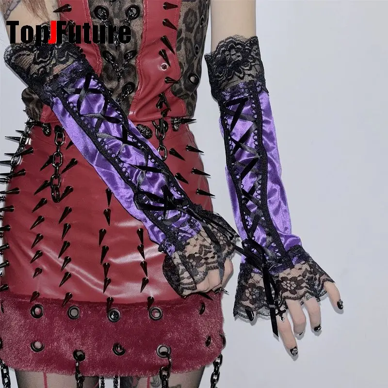 Y2K Girl Subculture Long Lace Arm Sleeves Retro Gothic European Style Cross Ribbon Lace-up Wrist Cuffs Accessories for Women