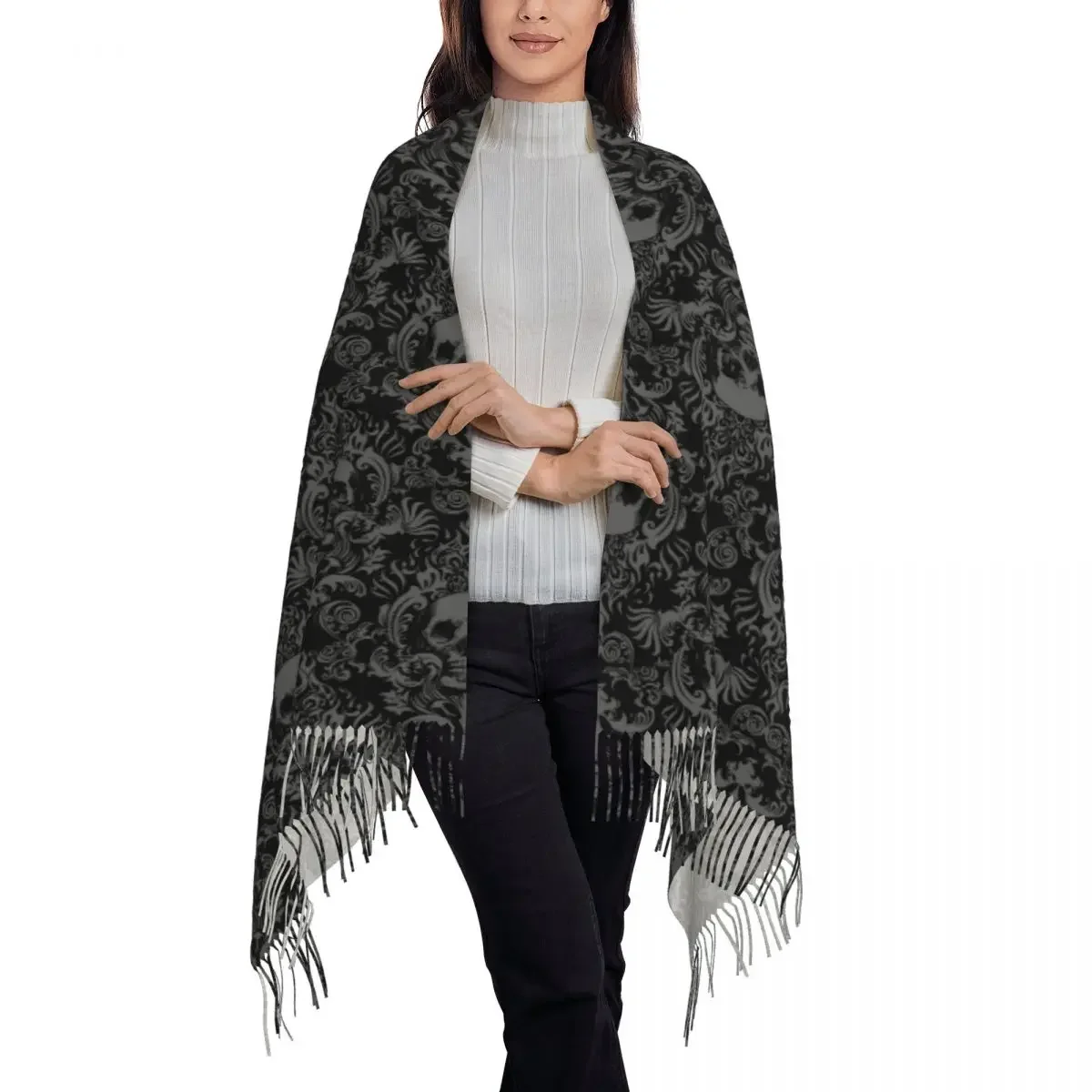 Custom Vintage Halloween Gothic Black Skull Damask Scarf Wrap for Women Long Winter Fall Warm Tassel Shawl Unisex Scarves