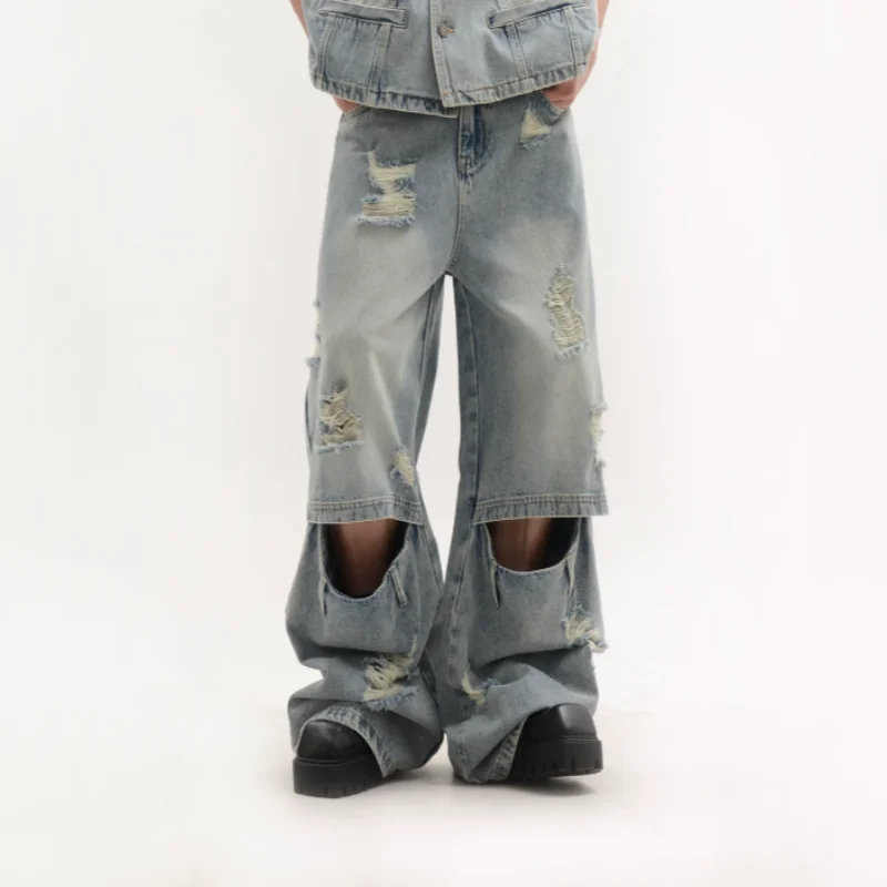 Immagine 3: Set giacca e pantaloni in denim lavato e effetto distressed da uomo per l'estate, con fori effetto distressed e look street style, con loo