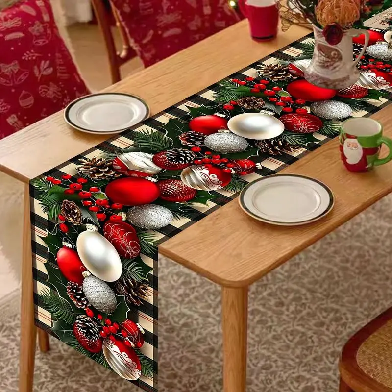 VIKAMA Christmas Table Runner Red Silver Xmas Baubles Pinecone Holly Berry Buffalo Plaid Winter Holiday Dining Table Flag
