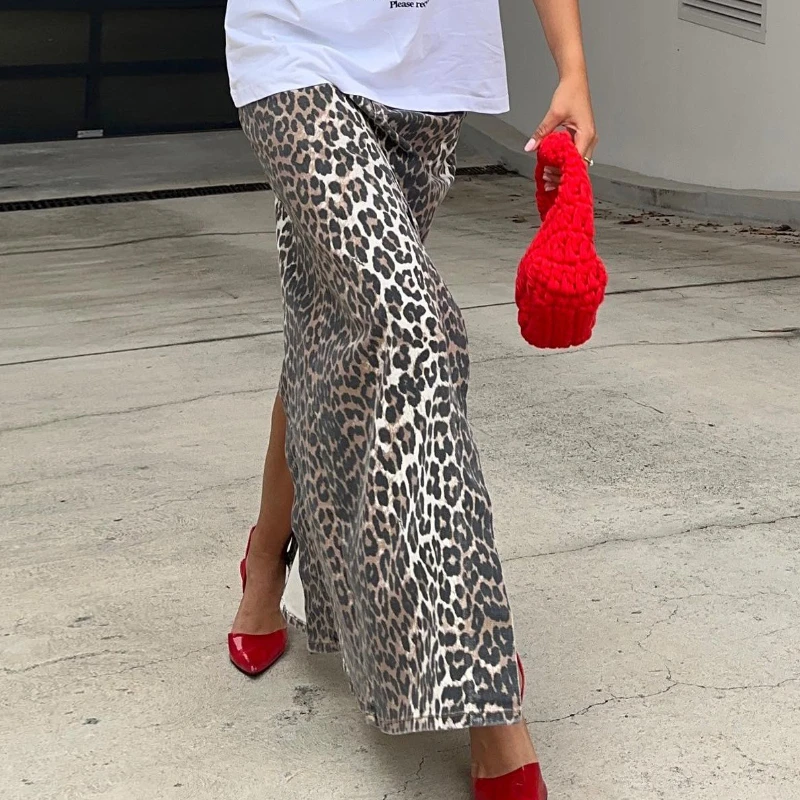 ليوبارد طباعة الدنيم تنورة المرأة عالية الخصر جيب مستقيم منتصف التنانير موضة مكتب سيدة طويلة القطن شق الكاحل طول تنورة