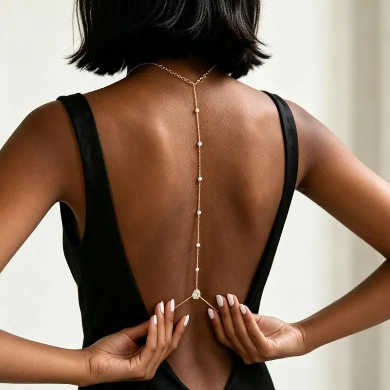 Gold Teardrop Zircon Back Chain Necklace Trendy Sexy Body Jewelry for Anniversary Party Gown Match
