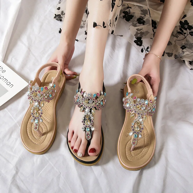 Plus Size 36-41 Shoes for Women Summer New Round Toe Flip Flops Fashion Rhinestone Ladies Sandals Roman Crystal Platform Elastic