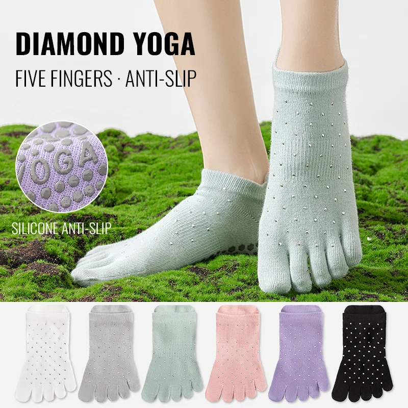 MiiOW Non-Slip Grip Pilates Sock Women Yoga Sock Five Finger Socks Indoor Fitness Ankle Sock Split Toe Socks Diamond Decor Sock